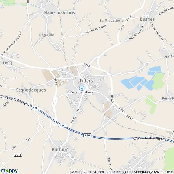 De kaart voor de stad Lillers 62190