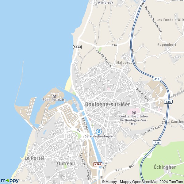 De kaart voor de stad Boulogne-sur-Mer 62200