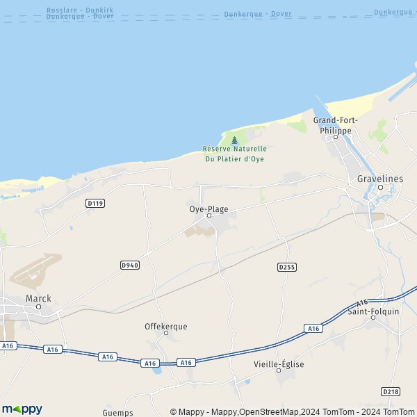 De kaart voor de stad Oye-Plage 62215