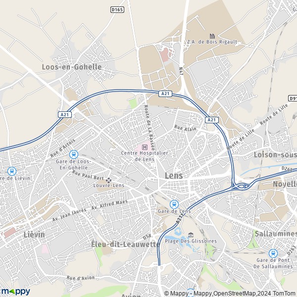 De kaart voor de stad Lens 62300
