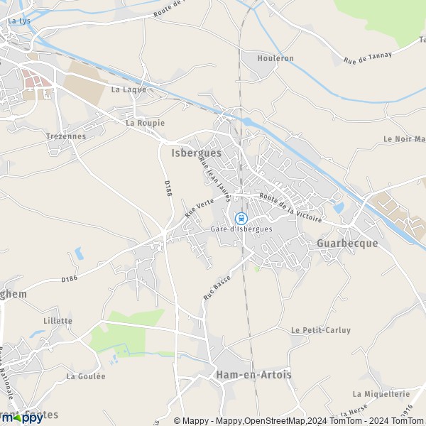 De kaart voor de stad Isbergues 62330