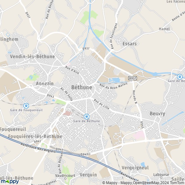 De kaart voor de stad Béthune 62400