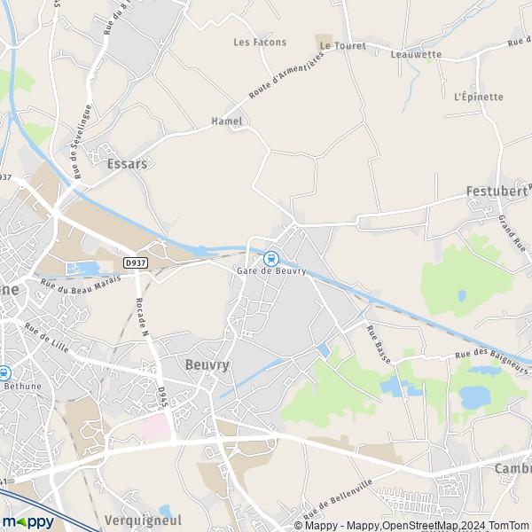 De kaart voor de stad Beuvry 62660