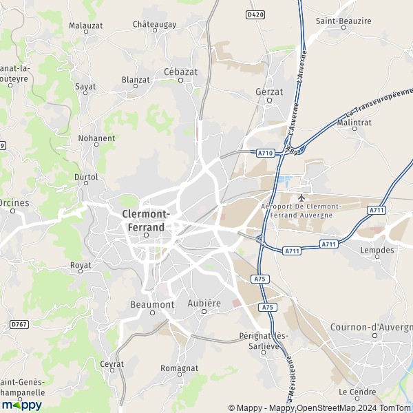 De kaart voor de stad Clermont-Ferrand 63000-63100