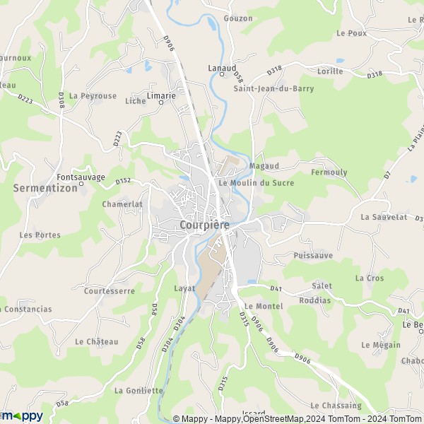 De kaart voor de stad Courpière 63120