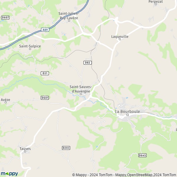De kaart voor de stad Saint-Sauves-d'Auvergne 63950
