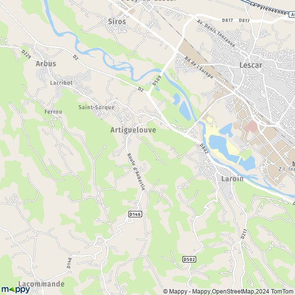 De kaart voor de stad Artiguelouve 64230
