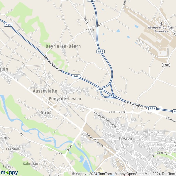 De kaart voor de stad Poey-de-Lescar 64230