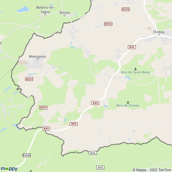 De kaart voor de stad 6460-6596 Momignies