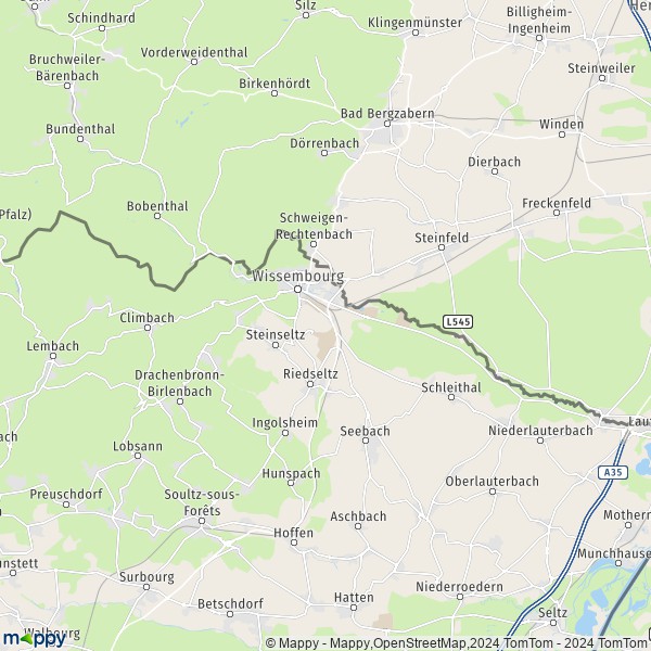 De kaart voor de stad Wissembourg 67160