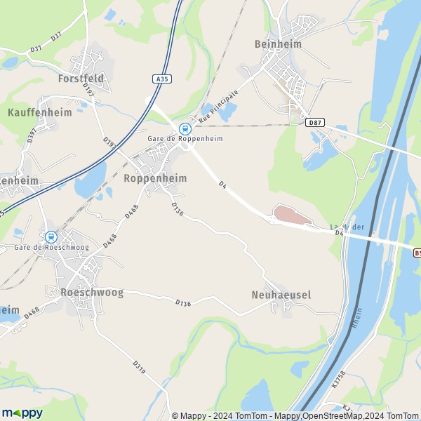 De kaart voor de stad Roppenheim 67480