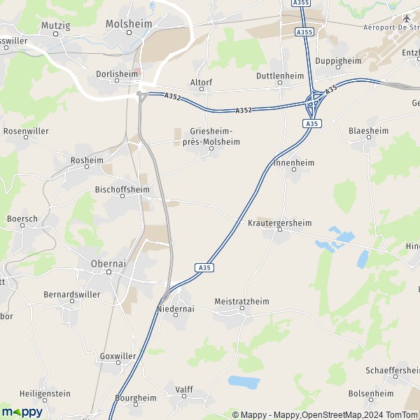 De kaart voor de stad Bischoffsheim 67870