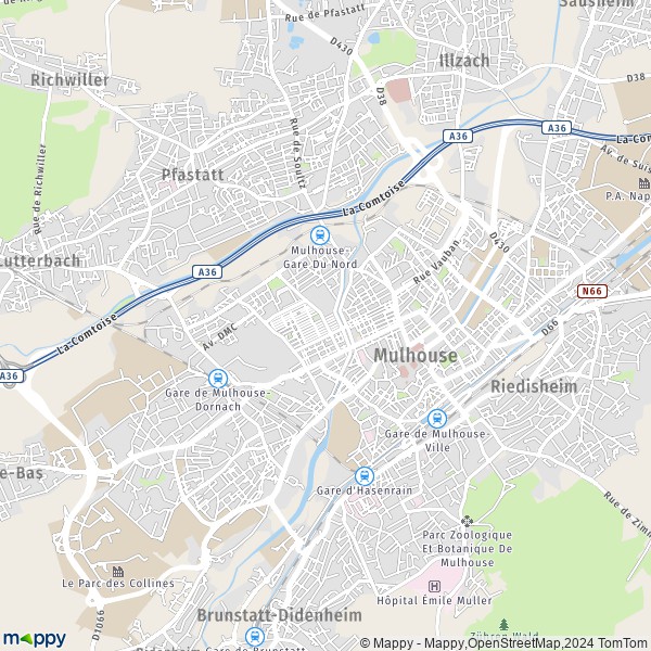 De kaart voor de stad Mulhouse 68100-68200