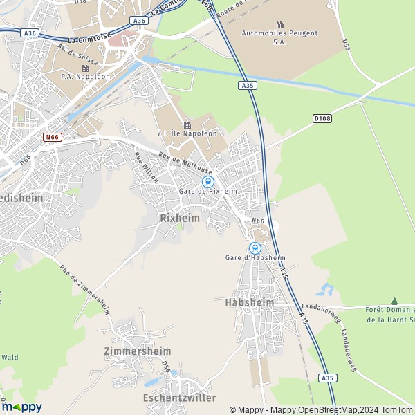 De kaart voor de stad Rixheim 68170