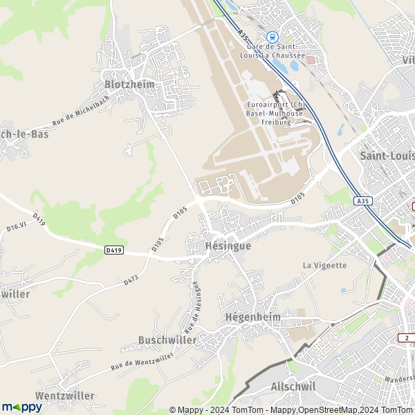 De kaart voor de stad Hésingue 68220