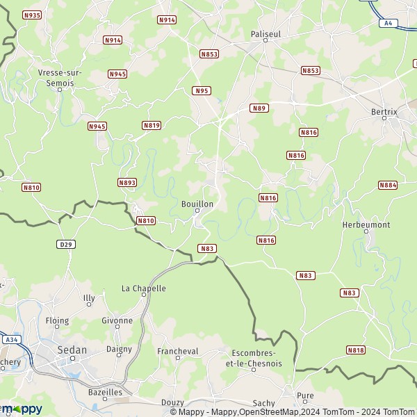 De kaart voor de stad 6830-6838 Bouillon