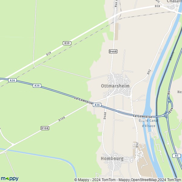 De kaart voor de stad Ottmarsheim 68490