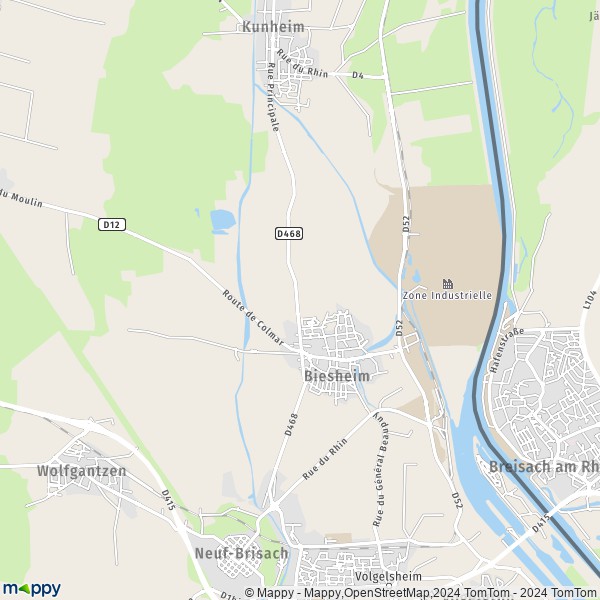De kaart voor de stad Biesheim 68600