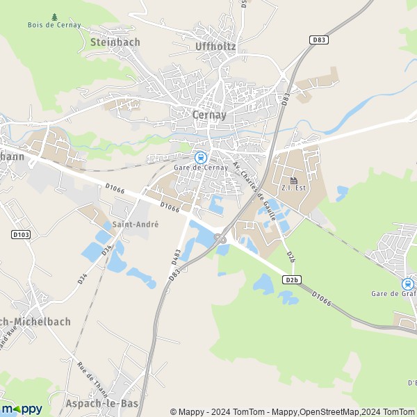 De kaart voor de stad Cernay 68700