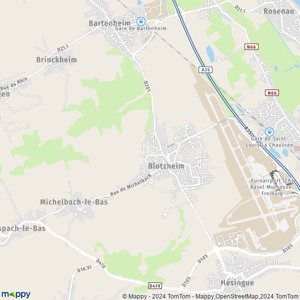 De kaart voor de stad Blotzheim 68730