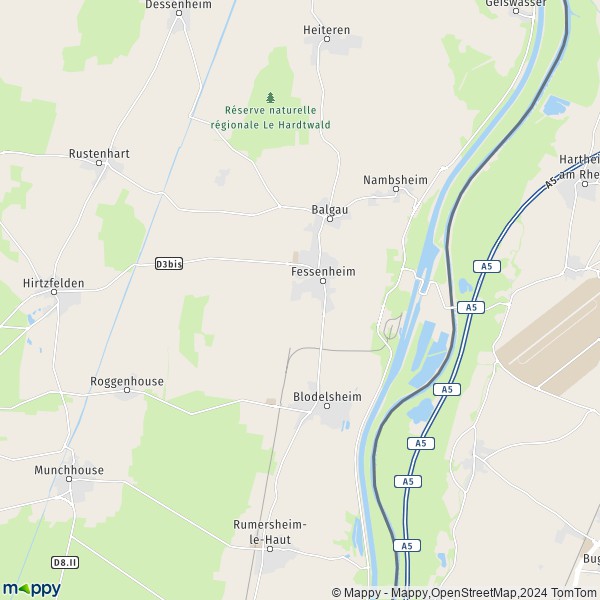 De kaart voor de stad Fessenheim 68740