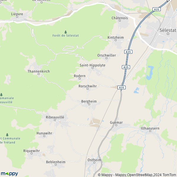 De kaart voor de stad Bergheim 68750