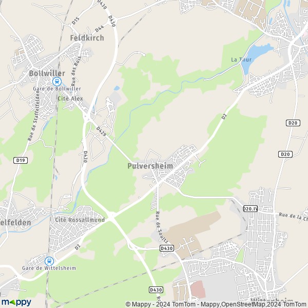 De kaart voor de stad Pulversheim 68840
