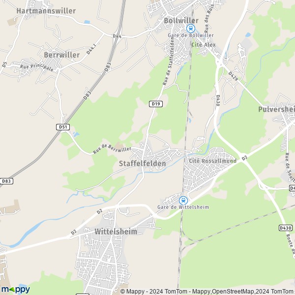 De kaart voor de stad Staffelfelden 68850