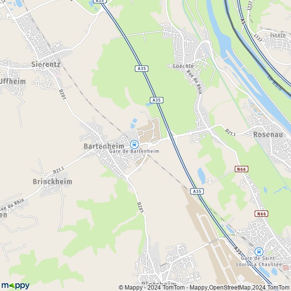 De kaart voor de stad Bartenheim 68870