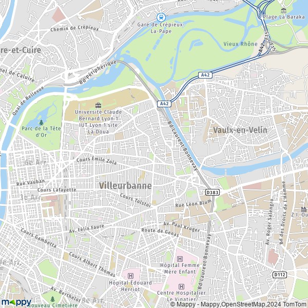 De kaart voor de stad Villeurbanne 69100