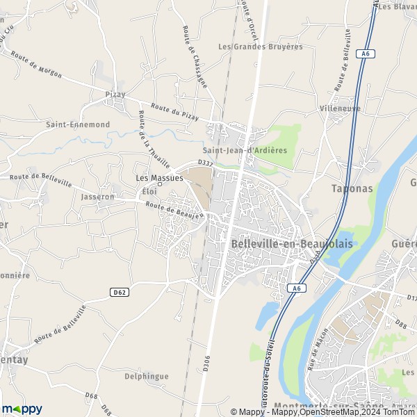 De kaart voor de stad Belleville-en-Beaujolais 69220