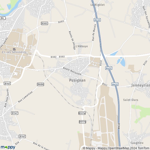 De kaart voor de stad Pusignan 69330