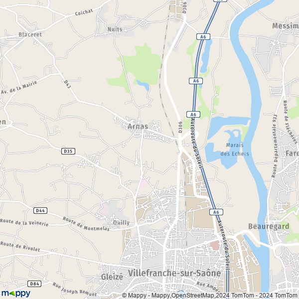 De kaart voor de stad Arnas 69400