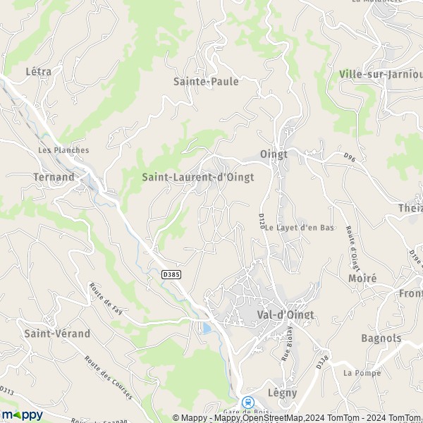 De kaart voor de stad Val-d'Oingt 69620
