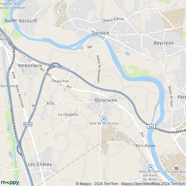 De kaart voor de stad Quincieux 69650
