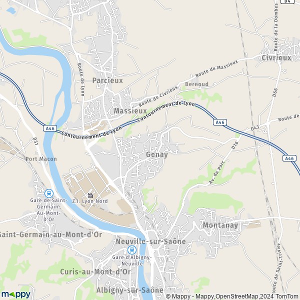 De kaart voor de stad Genay 69730