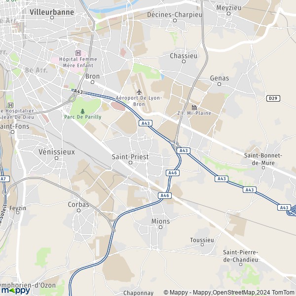 De kaart voor de stad Saint-Priest 69800