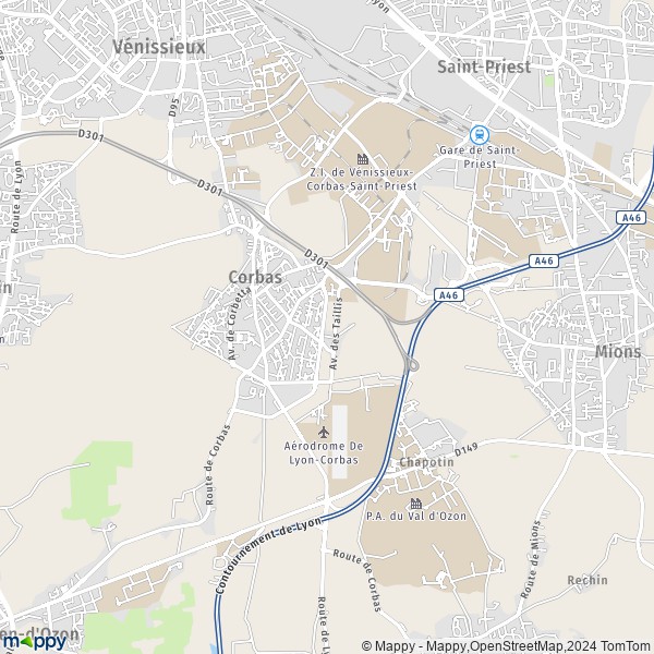 De kaart voor de stad Corbas 69960