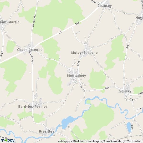 De kaart voor de stad Montagney 70140