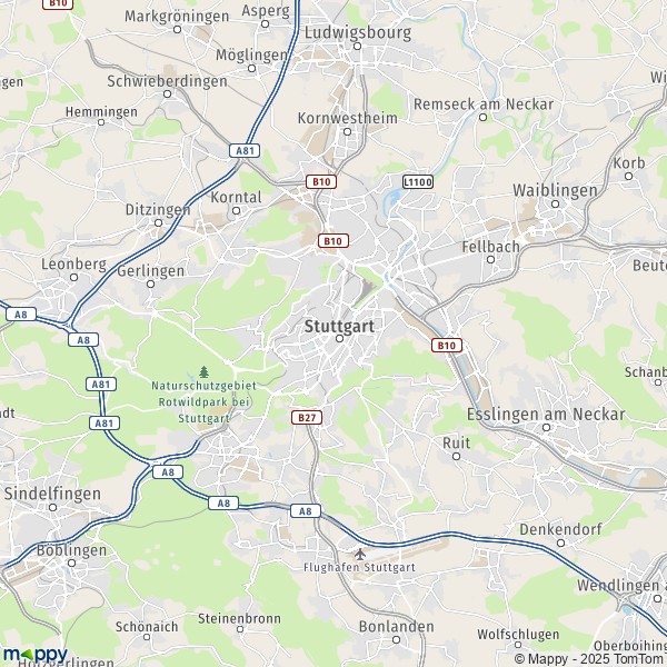 De kaart voor de stad 70173-73733 Stuttgart