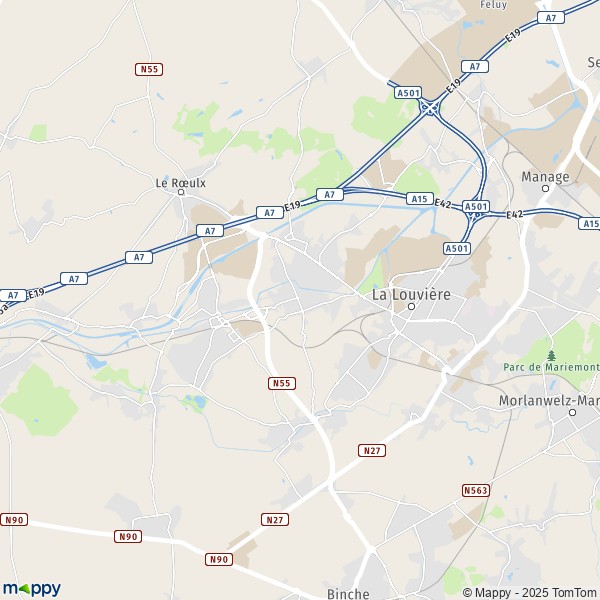 De kaart voor de stad 7021-7181 La Louvière