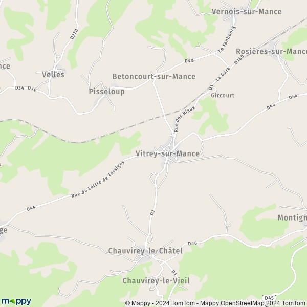 De kaart voor de stad Vitrey-sur-Mance 70500