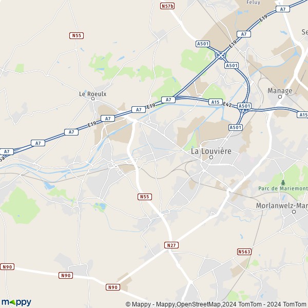 De kaart voor de stad 7100-7110 La Louvière