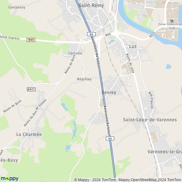 De kaart voor de stad Sevrey 71100