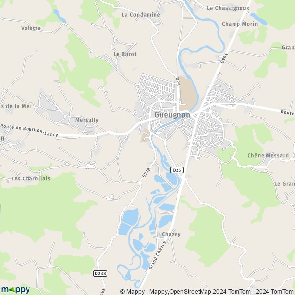 De kaart voor de stad Gueugnon 71130