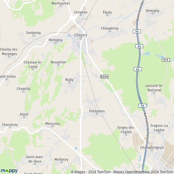 De kaart voor de stad Rully 71150