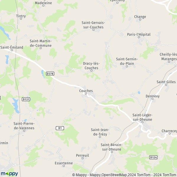 De kaart voor de stad Couches 71490