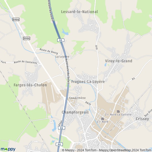 De kaart voor de stad Fragnes-La Loyère 71530