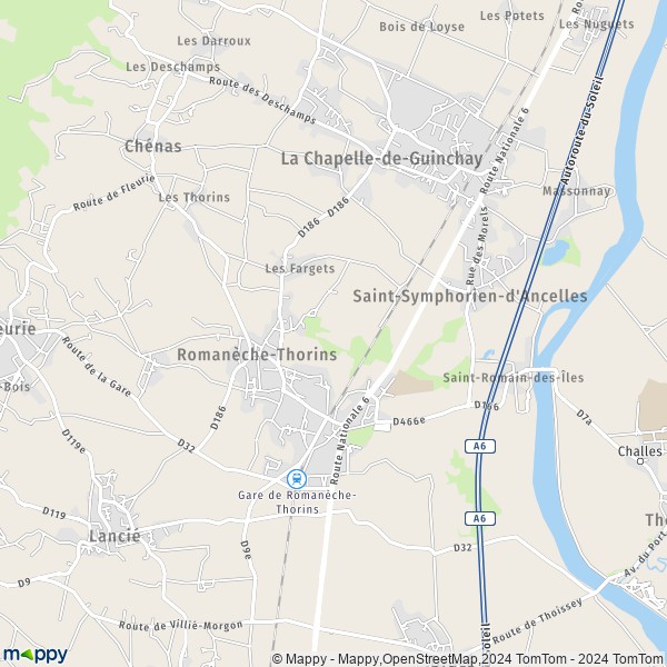 De kaart voor de stad Romanèche-Thorins 71570