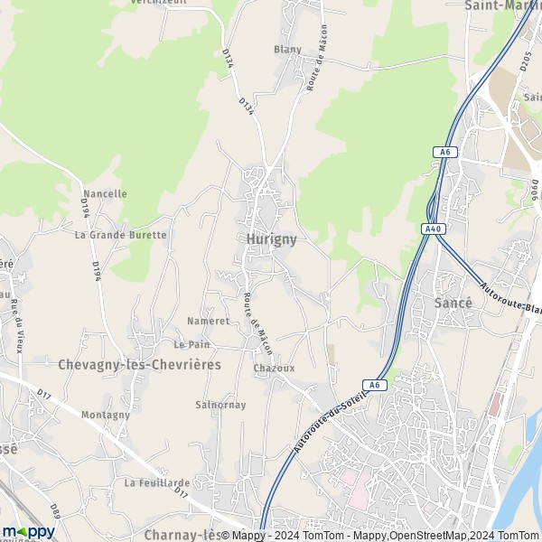 De kaart voor de stad Hurigny 71870